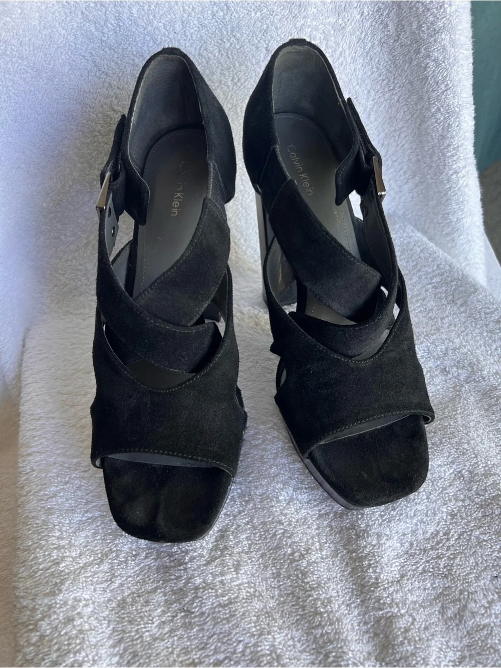 Calvin Klein Nichelle black suede platform sandals metallic silver